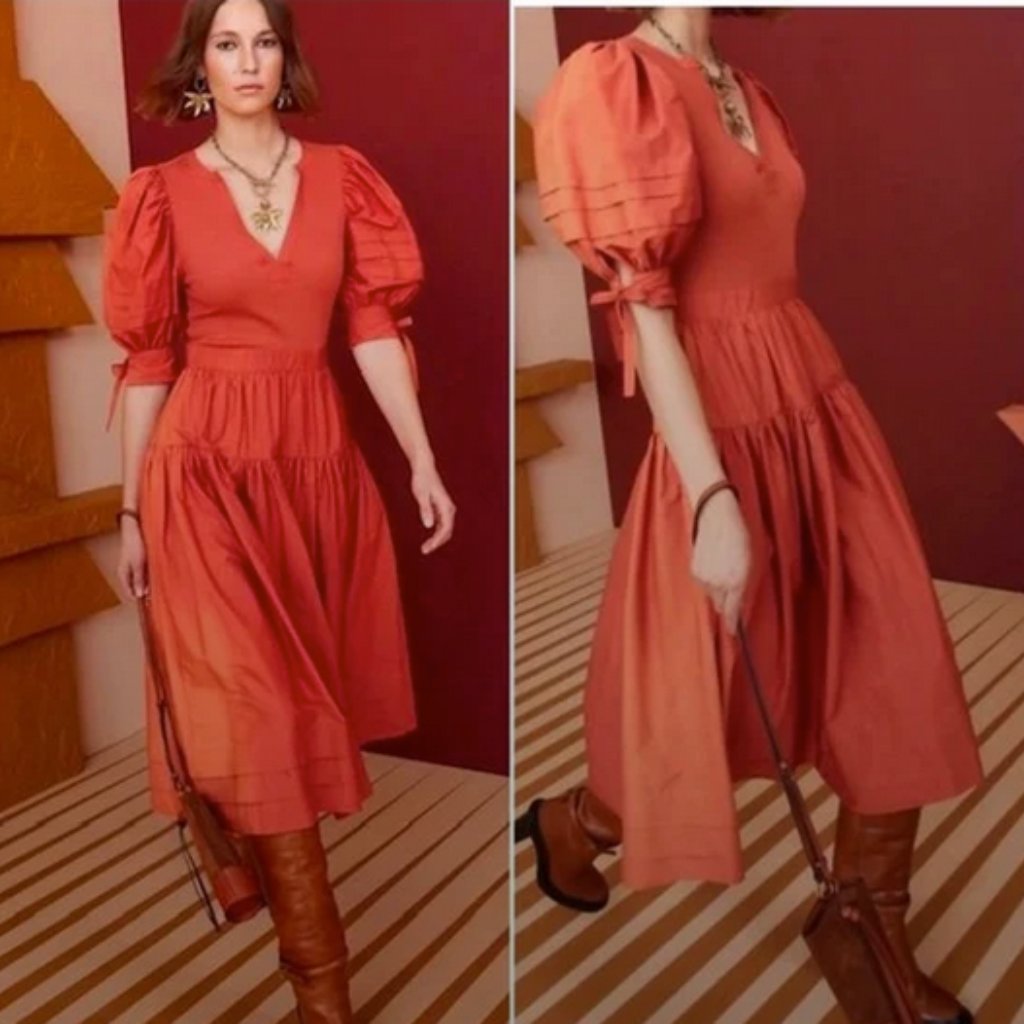 Ulla Johnson Cintia Puff-Sleeve Combo Dress Sz M